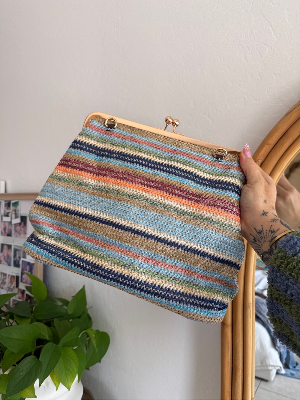 Striped Multi-Color Knit Frame Clutch
